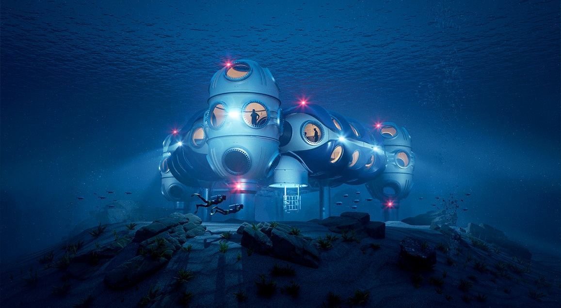 Modélisation 3D d'un module sous-marin au fond de l'eau, posé au sol. Le module a de nombreux hublots, et on peut voir des personnes aux fenêtres.