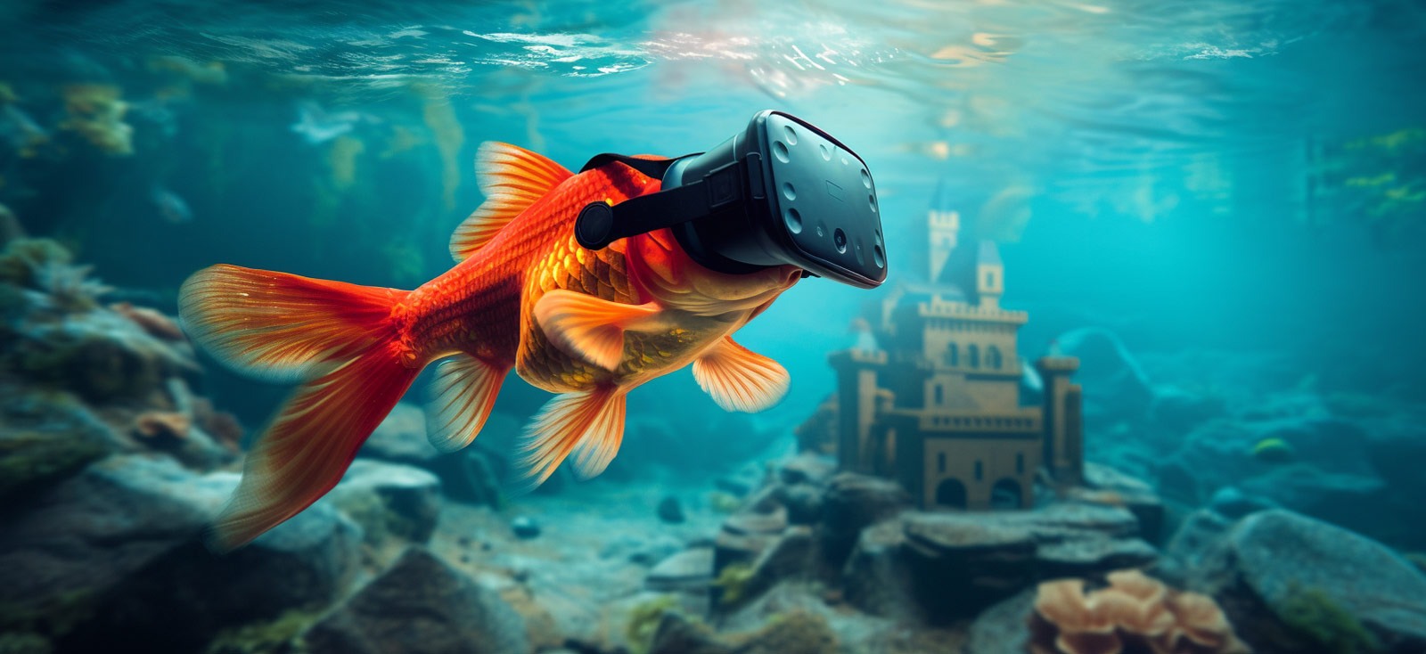 Image générée par intelligence artificielle. Poisson rouge avec un casque 3D.