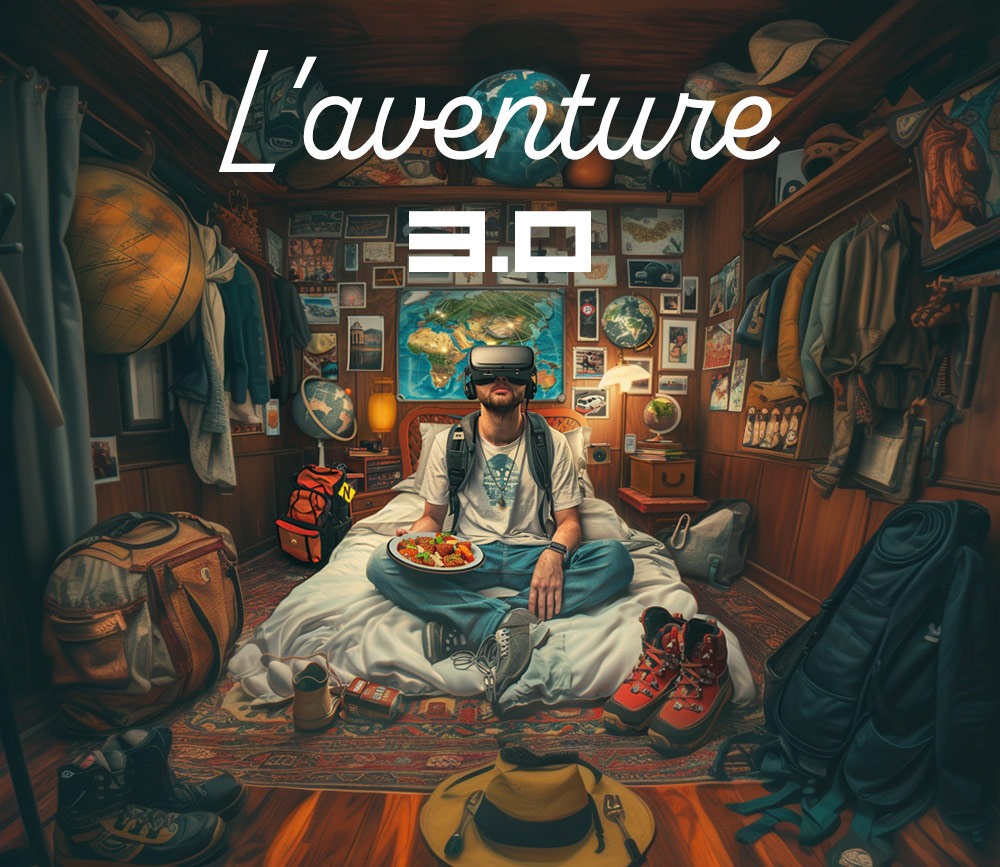 Image générée par une intelligence artificielle. Homme assis sur un lit, avec un casque 3D, dans une chambre comportant de nombreux éléments (chaussures et sac de randonnée, habits, chapeau, planisfère...). Texte "L'aventure 3D".