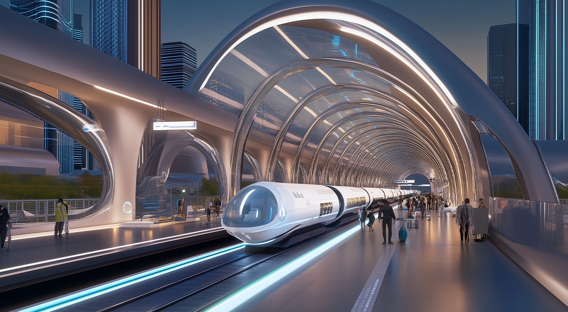 Image futuristique : modélisation 3D d'un hyperloop, sorte de train du futur dans une gare.